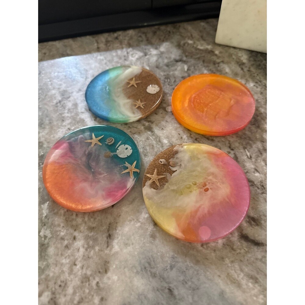 Set of 4 Beach Theme Coasters Enamel Laquer
